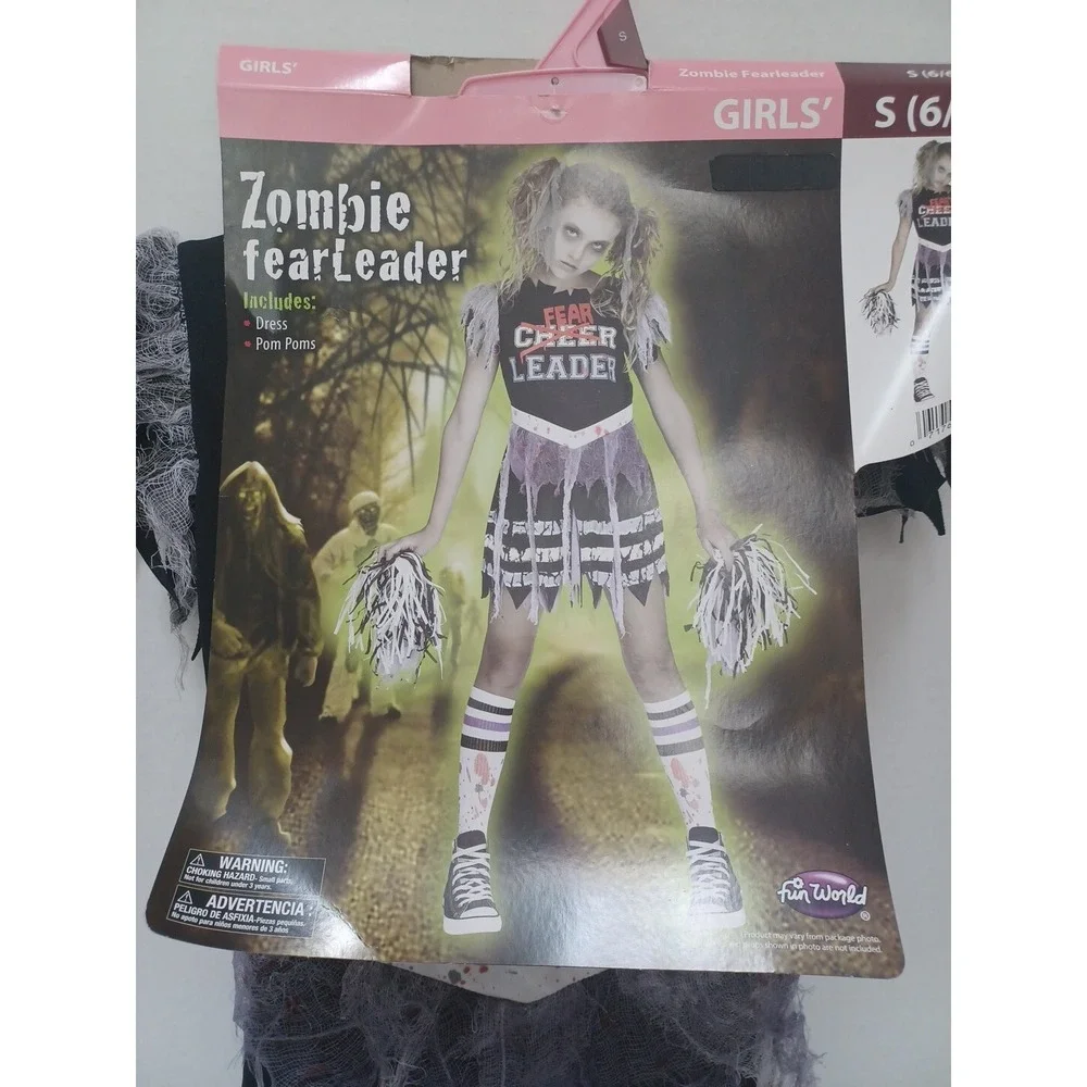 NEW Fun World Zombie FearLeader Costume Girls‎ 6 / 6X with Dress & Pom Poms